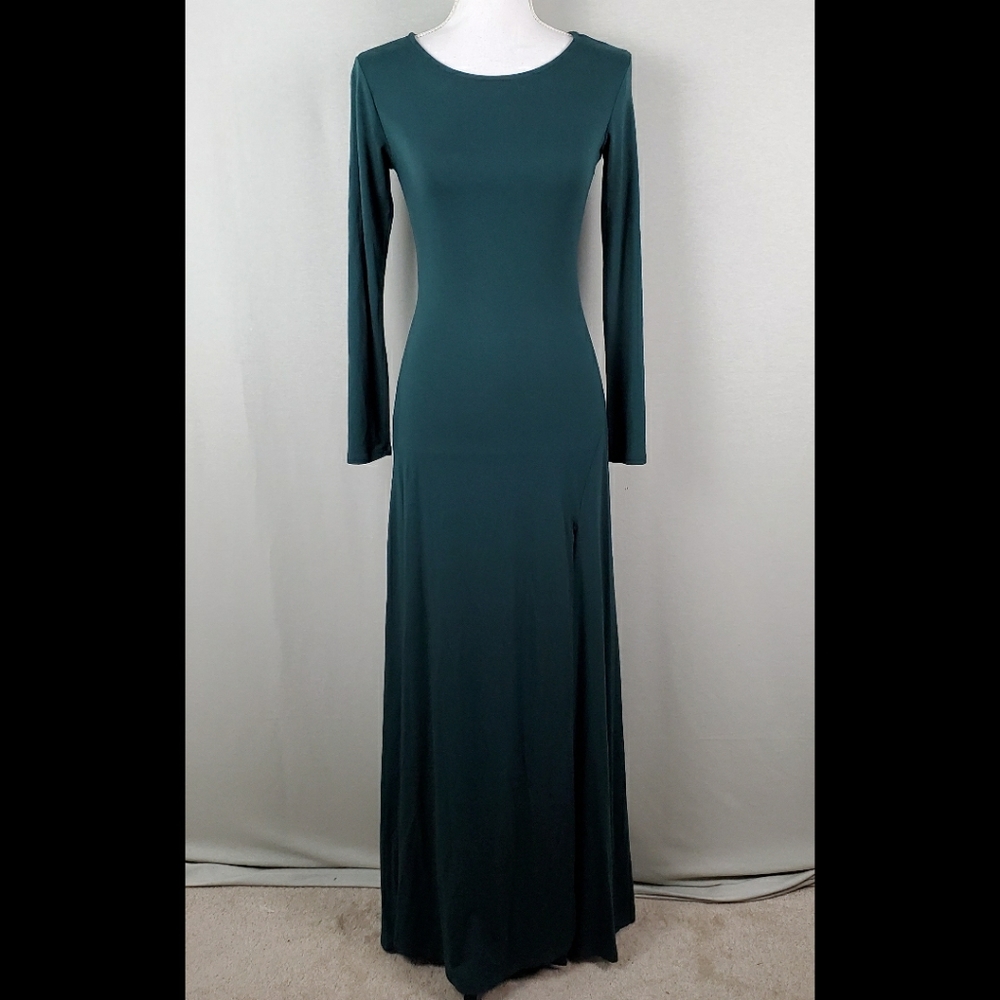 Lulu's Maxi Green Dress LongSleeve Slit Swoop Neck